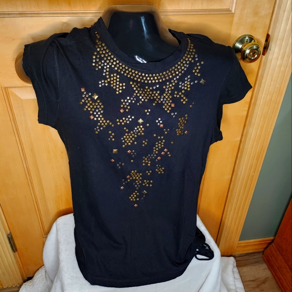 Women's  short sleeve t-shirt with gold and silver bling. Has ties on both sides